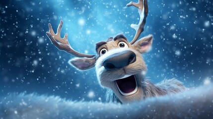Fototapeta premium Playful Reindeer in Snowfall A Magical Christmas Card Scene With an Adorable Woodland Creature