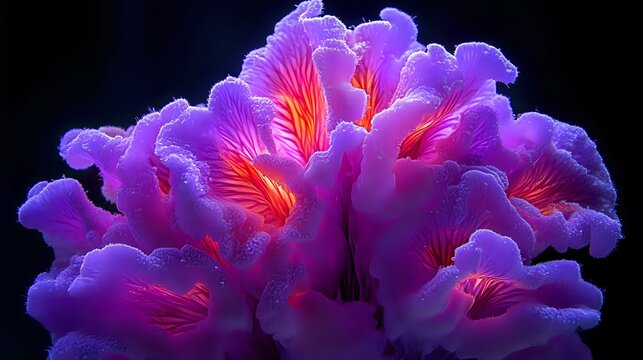 A glowing purple celosia in full bloom, flame-like petals forming a stunning texture, ultra-detailed macro shot, illuminated by natural lighting