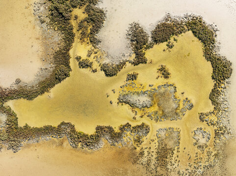 Aerial view of barbate marshland with serpentine waterways and vibrant textures, barbate, cadiz, spain.