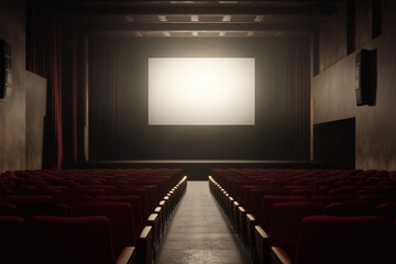 Fototapeta premium Empty Theater: Rows of red velvet seats face a bright, inviting screen in a classic movie house setting.