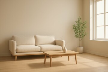 Cozy Minimalist Room with Light Sofa and Green Plant by Window