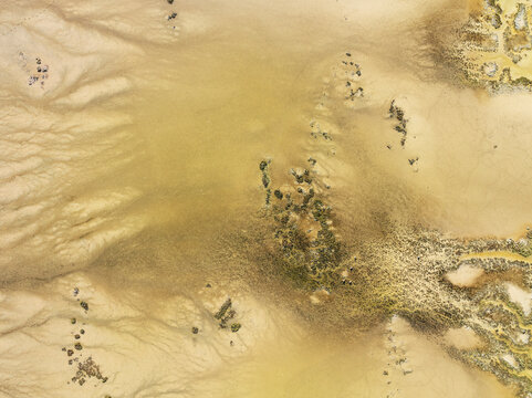 Aerial view of serene barbate marshland with intricate patterns of sand and lush vegetation, Barbate, Cadiz, Spain.
