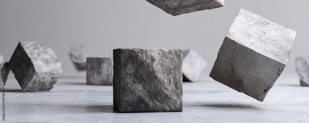 Poster floating gray stones create modern and artistic display, showcasing their unique textures and shapes
