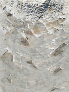 Aerial view of bonanza salt works with unique crystalline patterns and rough textures, Sanlucar de Barrameda, Cadiz, Spain.
