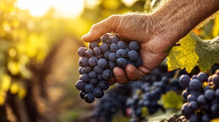 Fototapeta premium Farmer examines ripe grapes in sunlit vineyard
