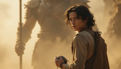Young David, clutching a stone, glances back at the looming, armored silhouette of Goliath, setting the stage for their legendary confrontation in a dusty, sunlit landscape.
