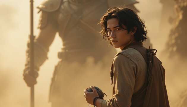Young David, clutching a stone, glances back at the looming, armored silhouette of Goliath, setting the stage for their legendary confrontation in a dusty, sunlit landscape.
