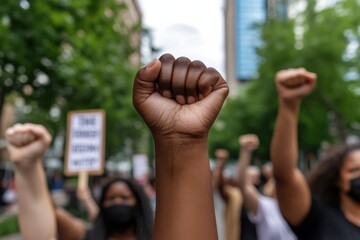 A powerful image of fists raised in unity during a protest, symbolizing the fight for justice, equality, and human rights in an inspiring show of community strength and perseverance.