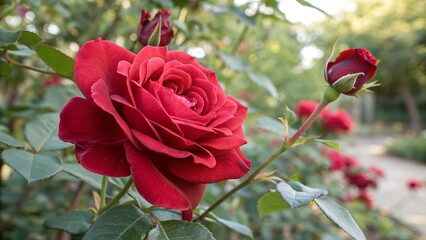 Close up red bush rose blooming beauty in garden