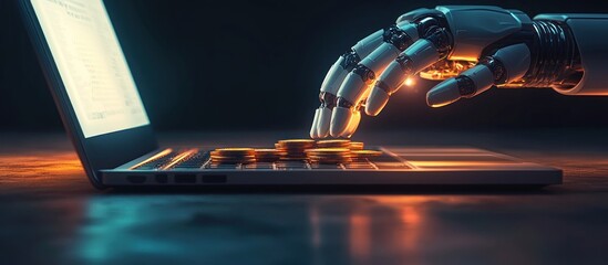 An artificial robotic hand touches money on a laptop keyboard