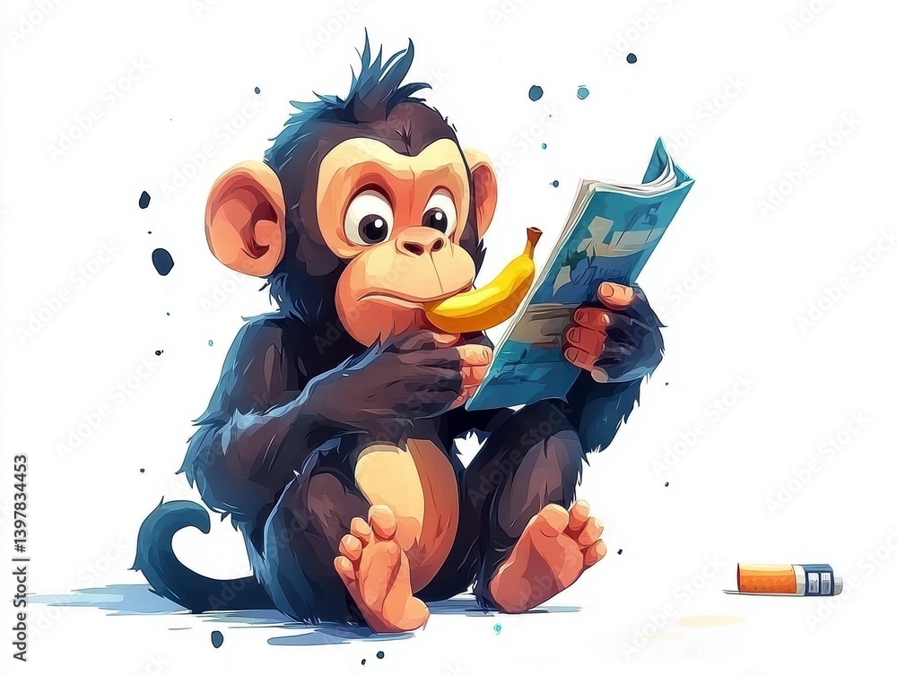 Poster curious monkey reading a magazine with a banana creative setting whimsical illustration playful envi