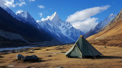 A tent pitched in a stunning alpine landscape with mountain peaks in the background