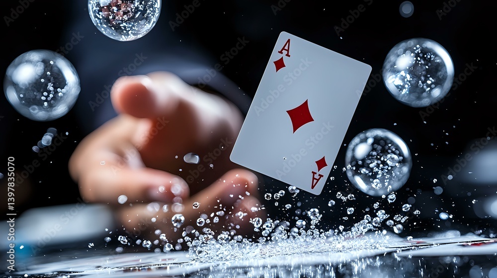 Poster ace of diamonds playing card floating with water drops and bubbles in dramatic dark setting with han