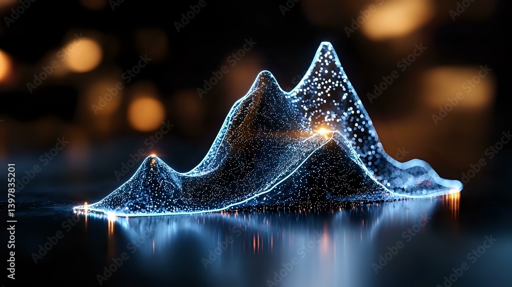 Poster glowing mountain peaks visualization with sparkles and light reflections on dark background creates 