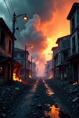 Desolate street, fire-ravaged buildings, smoke-filled sky, structure, building, disaster