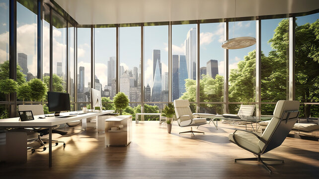 A futuristic office with floor to ceiling windows, perfect for a virtual Google meeting background, featuring a modern and sleek workspace design.

