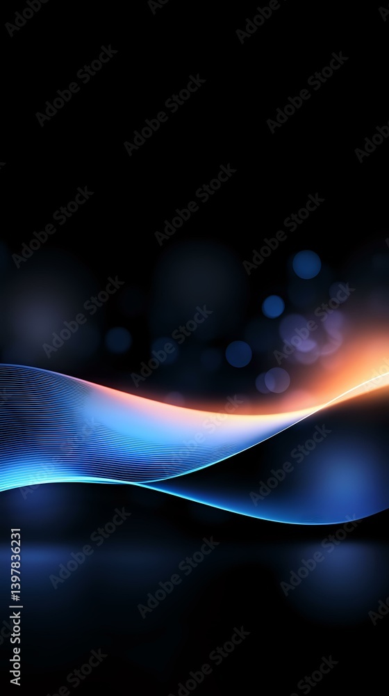 Poster abstract flowing blue and orange light waves against dark background with bokeh effects create dynam