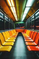 Brightly lit subway interior showcases vibrant orange and yellow