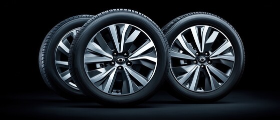 Three alloy wheels and tires displayed with dark background lighting