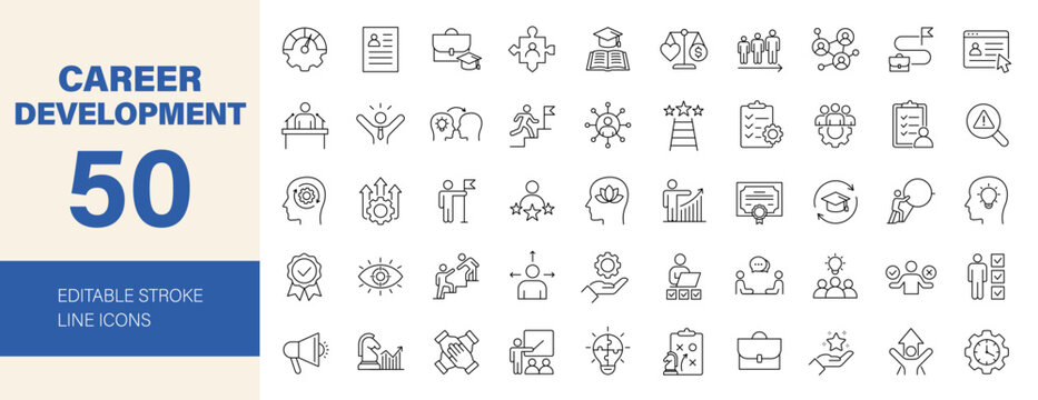 Career Development icon set. Containing skills, practice, training, networking, knowledge, branding, goal, setting, progress, business people and more. Editable line icons. Vector illustration.