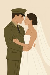 Minimalist Military Wedding Illustration of Bride and Groom Embrace