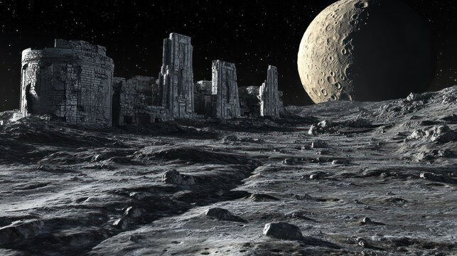 Lunar ruins ancient structures on a desolate moonscape in a starlit expanse