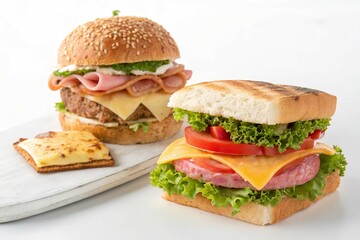 Sandwich with cheese and ham on white backgrounds Homemade burger