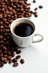 Obraz premium Fragrant coffee, white cup, roasted beans scattered, brew, cozy