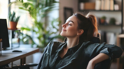 A woman leans back in a casual office, taking a break from work in a peaceful and productive setting