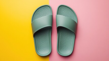 Fototapeta premium Two green slides resting against a vibrant yellow and pink backdrop