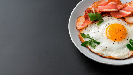 Breakfast: fried egg with bacon and fresh herbs on a plate, filling and delicious, perfect to start the day
