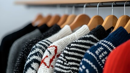 Cozy knitted winter sweaters hanging on wooden hangers in closet, featuring striped patterns and festive designs in black, white, red and blue colors.