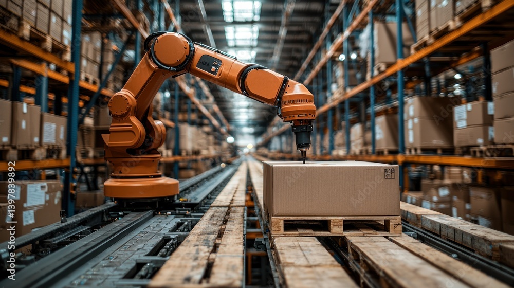 Poster automated warehouse robotics: orange robotic arm moving cardboard boxes on conveyor belt system in m
