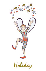 Cheerful elf dancing with stars, greeting card, lettering holiday, vector illustration isolated on white