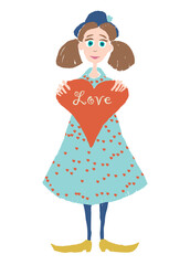 Cartoon funny girl holding big red heart, lettering love, hand drawn vector illustration isolated on white background, valentines card