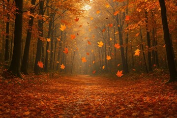 Fototapeta premium Serene Autumn Forest with Falling Leaves and Warm Golden Light