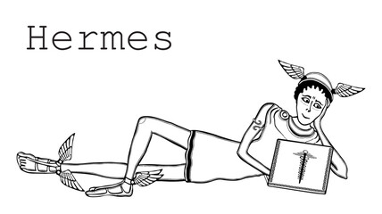 Hermes, young, cunning, man, lying down, resting, looks at laptop, god of trade, good fortune, eloquence, vector, illustration isolated on white