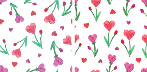 Seamless floral patterns of abstract watercolor red heart shape flowers, hand drawn vector background, paper, wallpaper, fabric