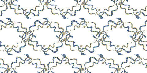 Seamless pattern of creeping cartoon yellow and purple snakes