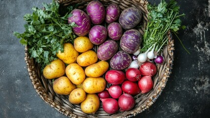 A rustic basket filled with fresh potatoes, onions, and parsley harvest.