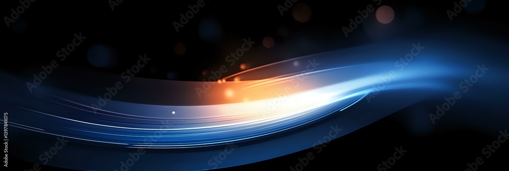 Poster abstract flowing light waves in blue and orange colors against dark background create dynamic motion