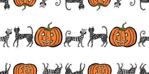 Seamless pattern of drawn decorative halloween pumpkins and cats, vector background, paper, wallpaper, fabric