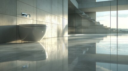 Modern minimalist bathroom with concrete walls, marble floor, and a sleek toilet, bathed in sunlight from a large window