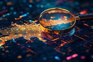 Magnifying glass examining a digital map  a 3d data visualization concept on dark blue background