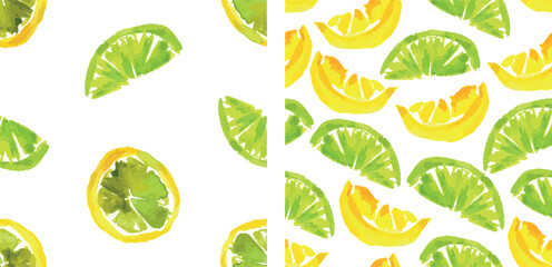 Seamless patterns of watercolor drawings cliced llemon and lime, vector background, paper, fabric, wallpaper, textile