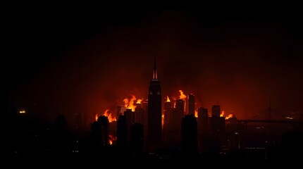 Obraz premium City Skyline Ablaze Dramatic Nightscape Urban Landscape with Glowing Orange Flames