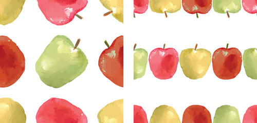Seamless patterns of watercolor drawings ripe apples, fruits, vitamins, vector background, paper, wallpaper, fabric
