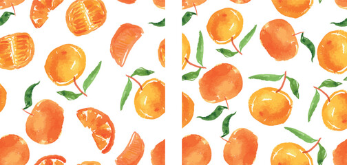 Seamless patterns of watercolor drawings ripe orange mandarins with green leaves, half, slices, vector background, paper, fabric, wallpaper