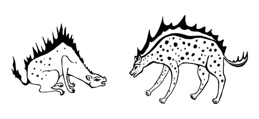 Two fantasy aggressive fire hyenas, monsters, outline hand drawn vector illustration isolated on white