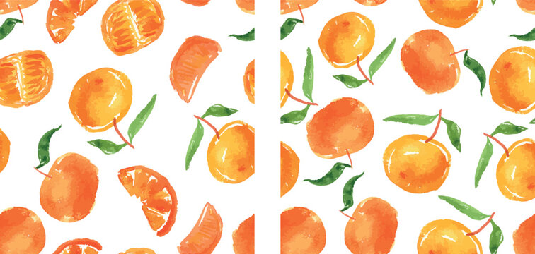 Seamless patterns of watercolor drawings ripe orange mandarins with green leaves, half, slices, vector background, paper, fabric, wallpaper